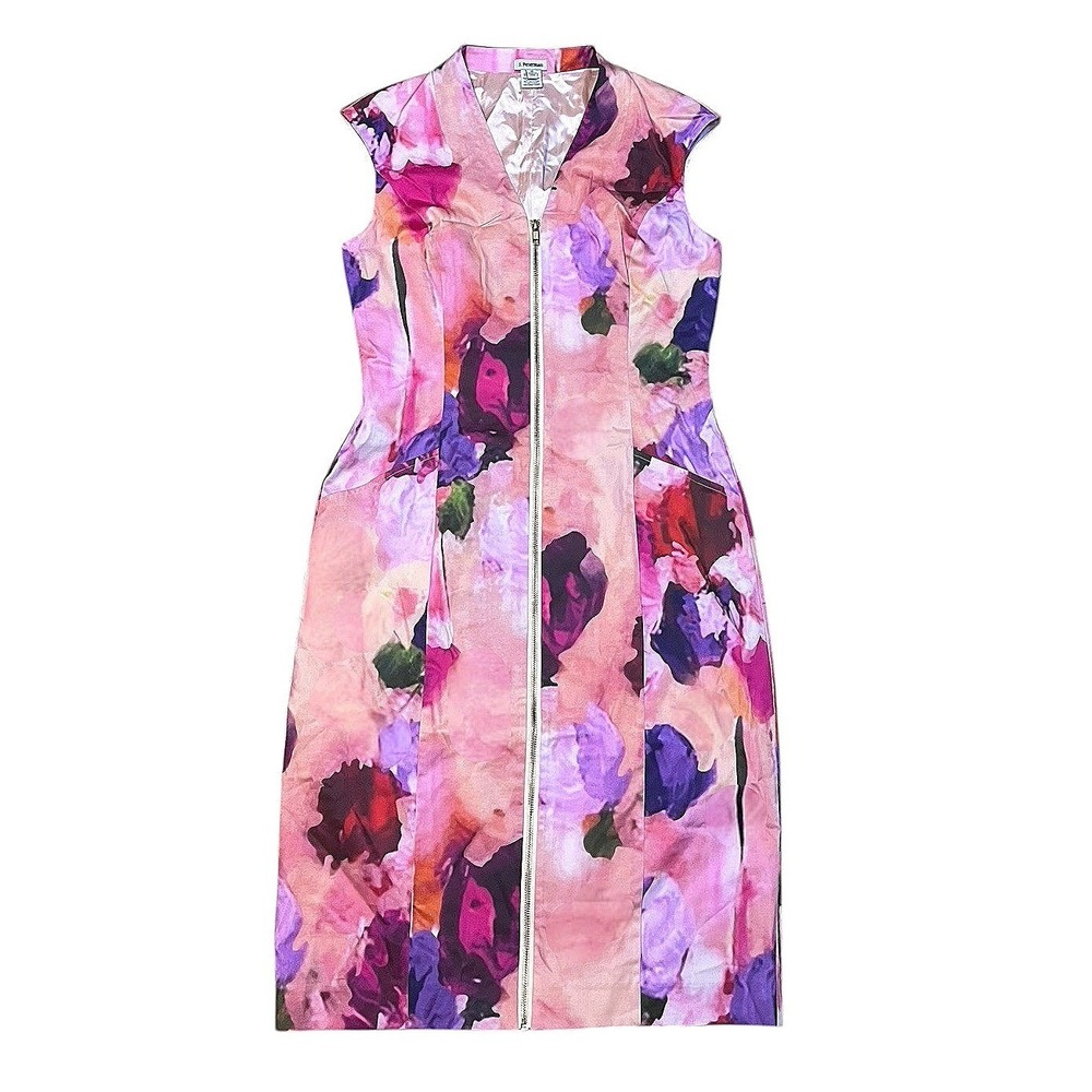 J. Peterman Pink Floral Midi Dress with Purple and Green Accents